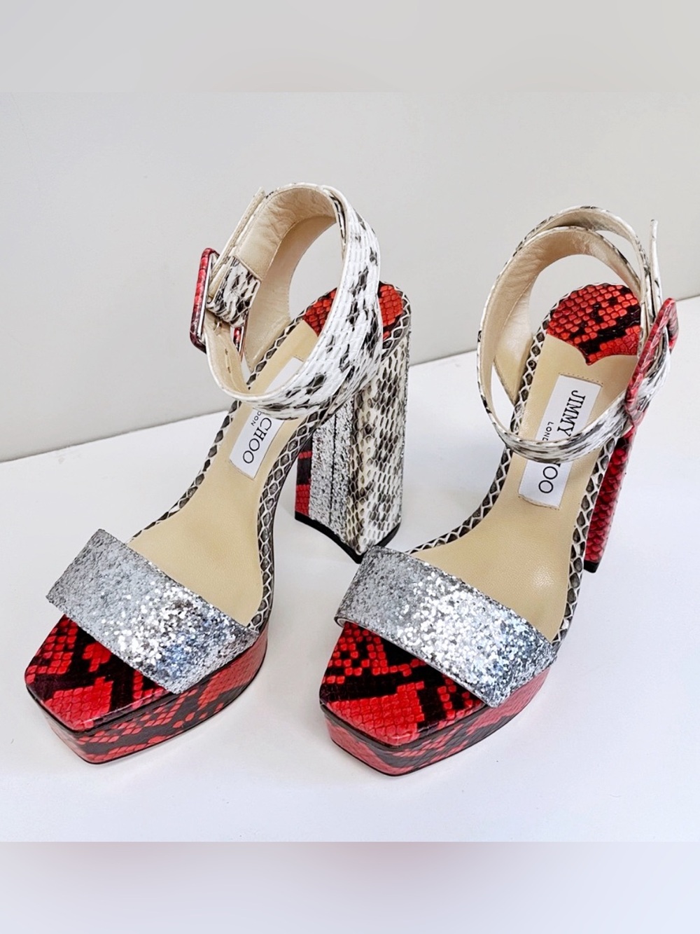 NWT JIMMY CHOO 6.5 Heels JAX/PF 125 Mandarín Sandals Silver Shoes Snake Print